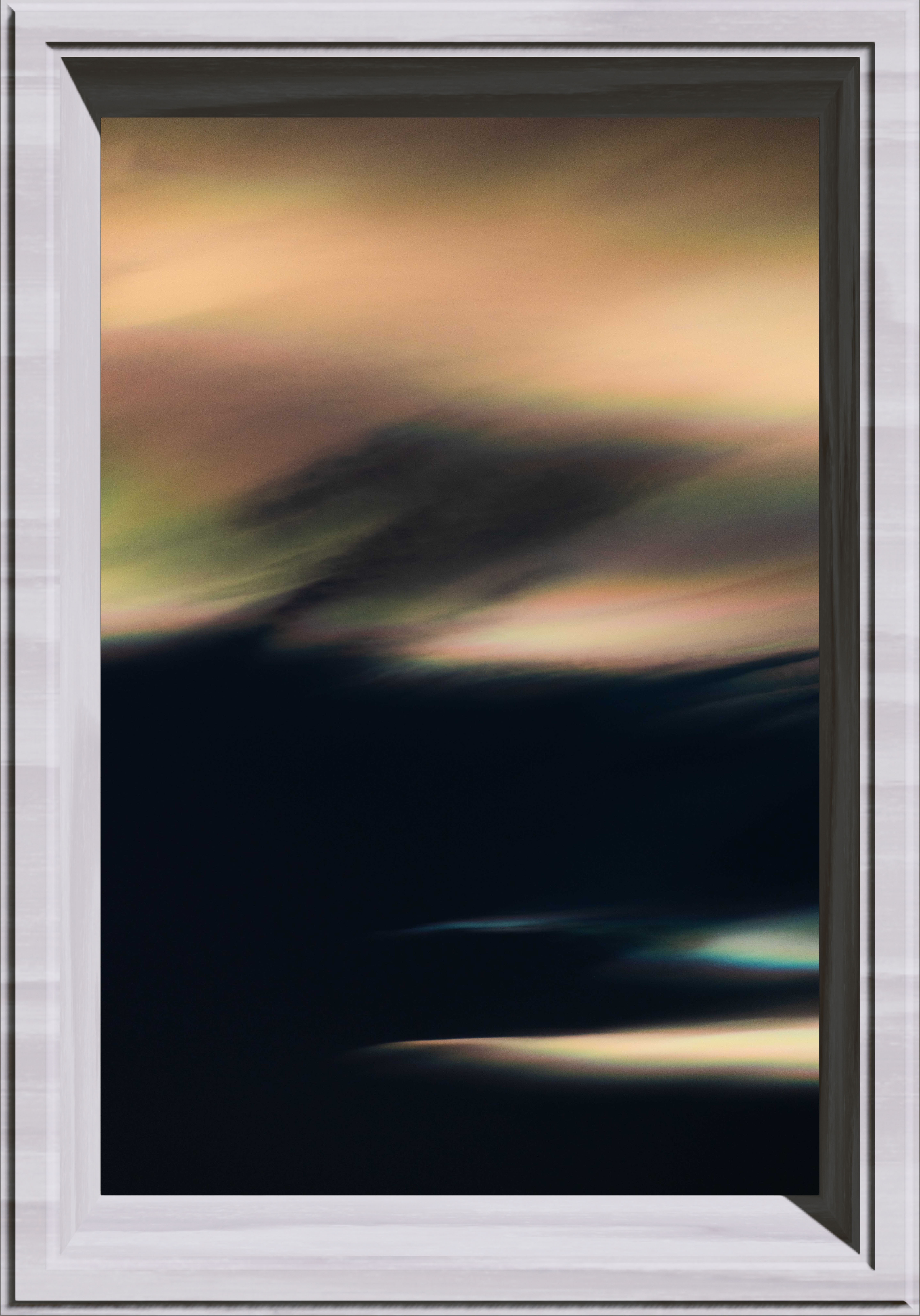 Iridescent Clouds in a dark sky that are silky and diffused, in a lightblue frame