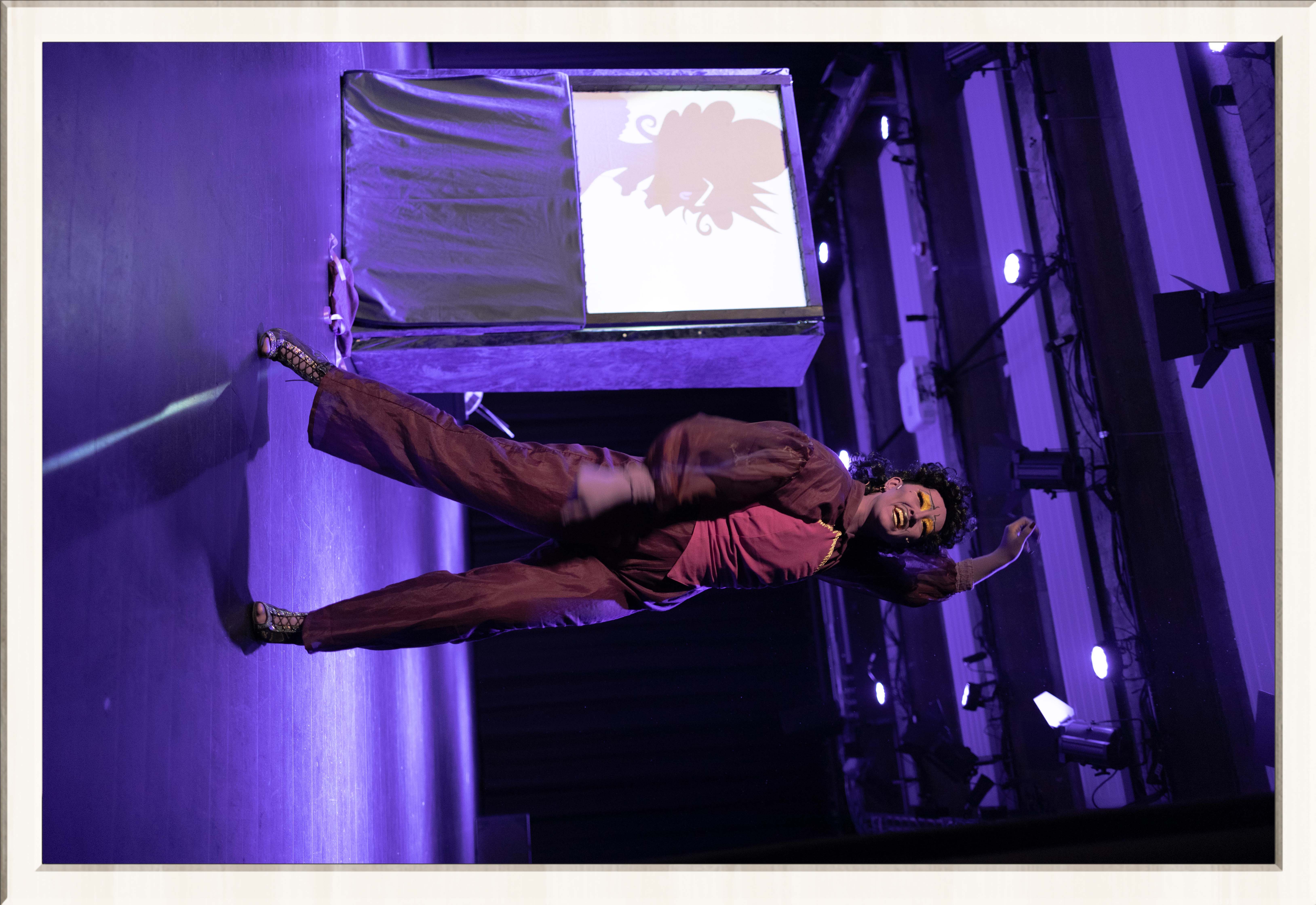 Two performers in a purple lit stage, one wearing a drag costume, the other an ostrich costume, performing a musical play for kids, framed in a thin white frame