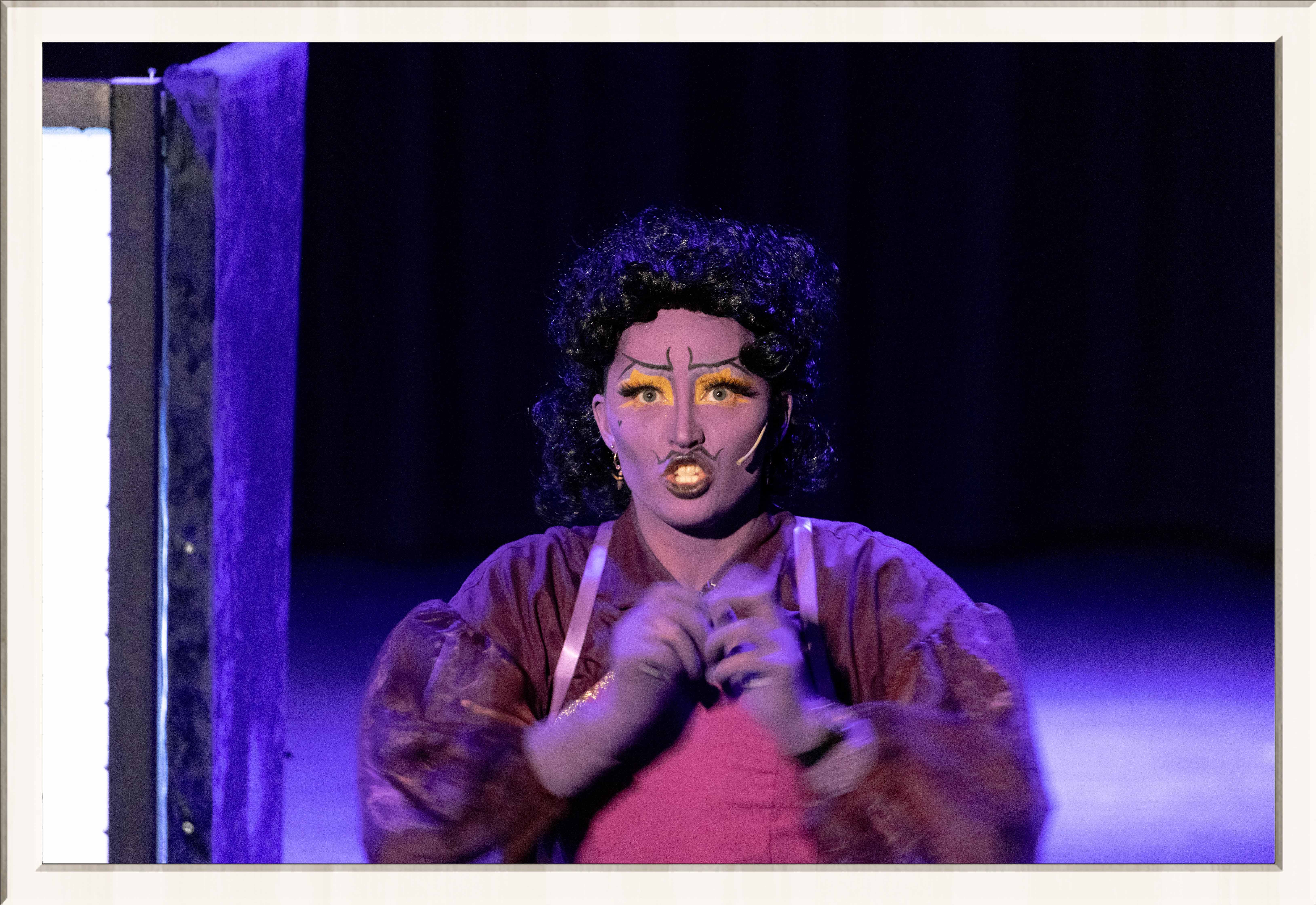 Two performers in a purple lit stage, one wearing a drag costume, the other an ostrich costume, performing a musical play for kids, framed in a thin white frame