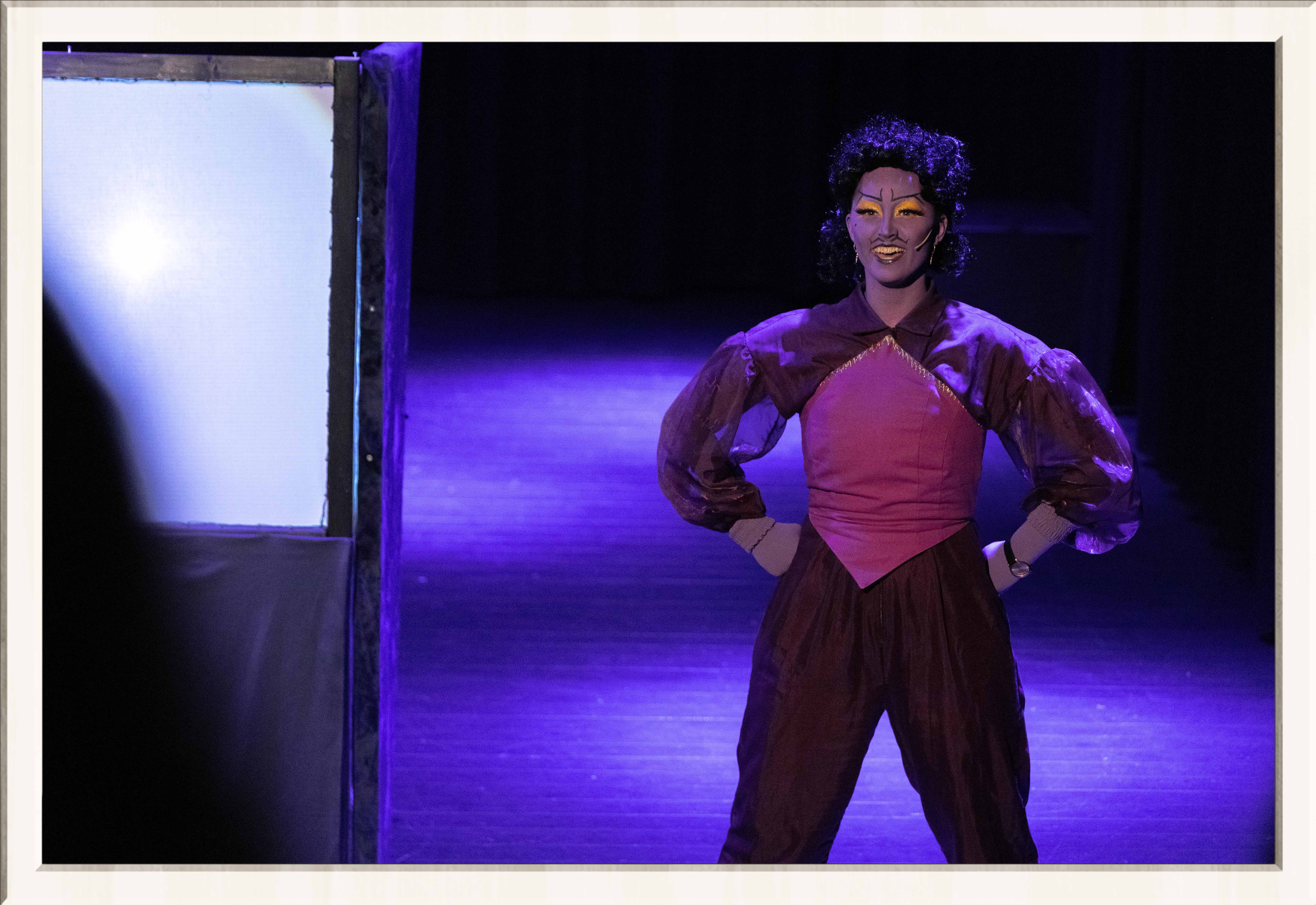 Two performers in a purple lit stage, one wearing a drag costume, the other an ostrich costume, performing a musical play for kids, framed in a thin white frame